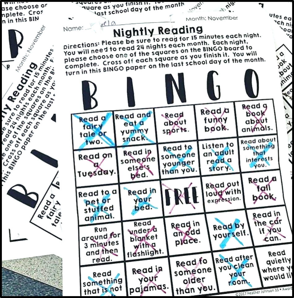 here is my Nightly reading BINGO board in action